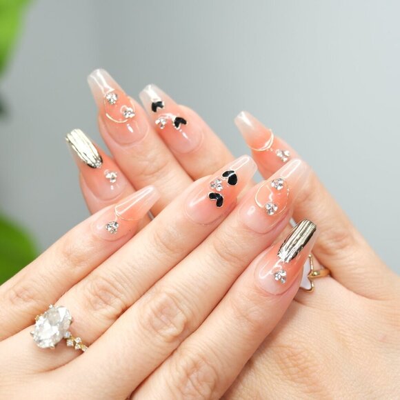 tipsy | Handmade Press On Nails | Coffin Medium | Little Black Hearts - Picture 5 of 16